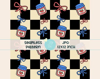 Patrón sin costuras a cuadros retro, fresa sin costuras, lindos lazos coquetos, patrón repetitivo de primavera, mermelada sin costuras, estampado moderno preppy sin costuras