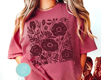 Flores vintage en linóleo (PNG), impresión en linóleo, flores marrones y rojas (PNG), arte digital de flores silvestres, impresión de mercado de flores, amapolas monocromáticas en linóleo (PNG)