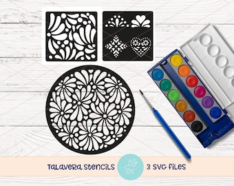 Talavera stencils SVG, Talavera tiles svg, Mexican folk art svg, Talavera flowers decor, Mexican svg, Spanish tile pattern DIY wall stencils