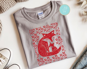 Linograbado vintage PNG, Linograbado floral de zorro, Linograbado de zorro del bosque, Arte digital de flores silvestres rojas, Arte monótono, Linograbado de flores PNG, Arte popular