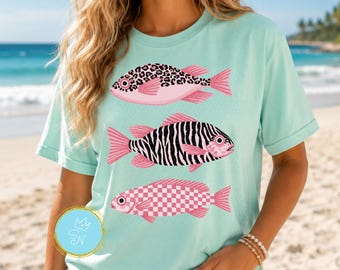 Preppy coastal fish PNG, Pink patterned tropical fish sublimation design, Girly beach shirt, Cute fishing png, Girly fishing, Fishermen gift