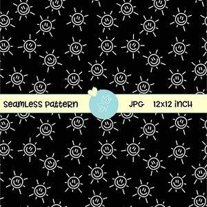 Black and white smiling sun Seamless Pattern, Cute doodles background, Sunshine repeat pattern, Hand drawn digital paper, Summer wallpaper