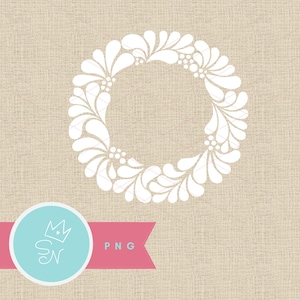 May include: A white floral wreath design with a circular shape. The wreath is composed of stylized leaves and small floral clusters. A pink banner with the text "PNG" and a blue circle with a crown and initials are in the lower left corner.