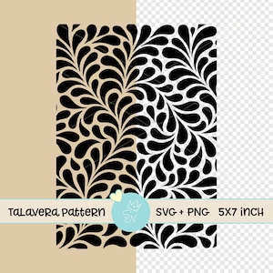 Może przedstawiać: Wzór dekoracyjny z symetrycznym wzorem czarnych elementów w kształcie łez na beżowym i białym tle. Tekst "TaLavera Pattern" i "SVG + PNG 12,7 x 17,8 cm" są dołączone.