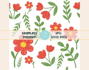 Patrón sin costuras de flores rojas, patrón repetitivo de flores de primavera, papel digital para invitaciones, estampado sin costuras femenino, JPG fresco y preppy sin costuras