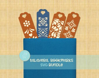 Mexican Talavera bookmarks SVG bundle, Talavera corazon, Estilo talavera, Spanish tile style pattern, Cute floral bookmark SVG, Bookish gift