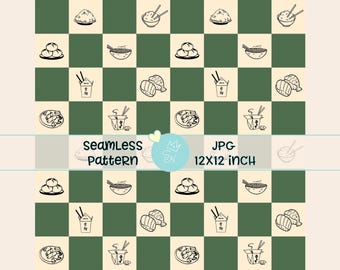 Patrón sin costuras de comida asiática, archivo sin costuras de cuadros, patrón chino sin costuras, fondo de pantalla de comida rápida, papel digital para amantes de la comida dibujado a mano, JPG de comida callejera