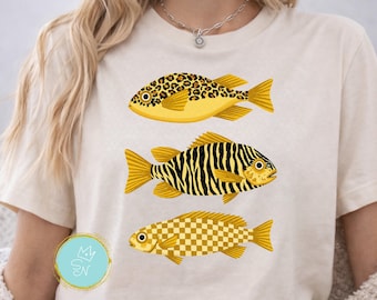 Preppy coastal fish PNG, Gold patterned tropical fish sublimation design, Girly beach shirt, Cute fishing png, Girly fishing, Fishermen gift