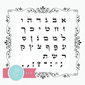 Pode incluir: Letras e sinais de pontuação do alfabeto hebraico em preto dentro de uma moldura decorativa. As letras estão dispostas em linhas e colunas. Uma faixa rosa com "SVG" e um círculo azul com "EN" na parte inferior.