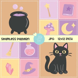 May include: Seamless pattern with a black cauldron, magic wand, purple book, mushroom, crescent moon, crystal, potion bottle, witch hat, and black cat. The text "Seamless pattern" and "12x12 inch" are visible. The pattern is 30.48cm x 30.48cm.