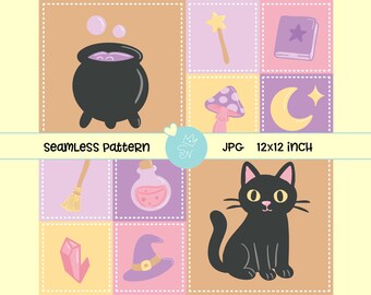 Puede incluir: Patrón sin costuras con un caldero negro, varita mágica, libro morado, hongo, luna creciente, cristal, botella de poción, sombrero de bruja y gato negro. El texto "Seamless pattern" y "12x12 inch" están presentes. 30.48cm x 30.48cm.