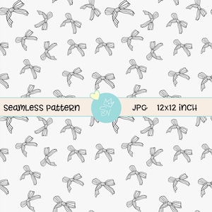 May include: A seamless pattern with a repeating design of black and white bow illustrations on a white background. The image includes the text "Seamless Pattern" and "JPG 12x12 inch". The pattern is suitable for various applications.