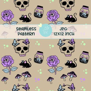 Puede incluir: Patrón sin costuras con calaveras, rosas con detalles de ojo, ratones, mariposas, setas y tarros con flores. El diseño incluye el texto "seamless pattern" y "12x12 inch" sobre un fondo beige. Formato JPG.
