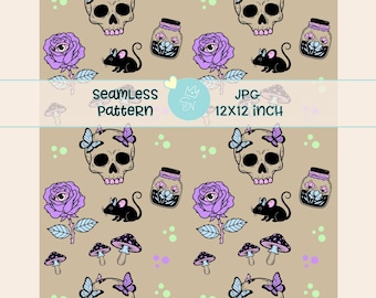 Patrón gótico pastel sin costuras, fondo gótico, archivo sin costuras de calaveras, patrón gótico repetitivo, papel digital dibujado a mano, papel tapiz gótico