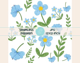 Patrón sin costuras de flores azules, patrón repetitivo de flores de primavera, papel digital para invitaciones, estampado sin costuras femenino, JPG fresco y preppy sin costuras