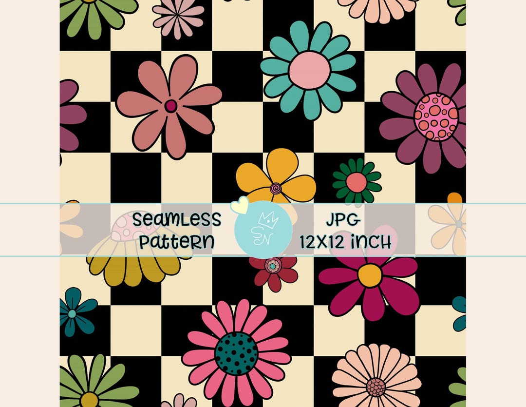 Retro Checkered Flowers Seamless Pattern, Spring Flowers Repeating ...