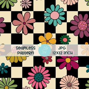 May include: A seamless pattern featuring colorful retro flowers in shades of pink, yellow, green, and teal, set against a black and cream checkerboard background. The image includes the text "Seamless Pattern" and "12x12 inch".