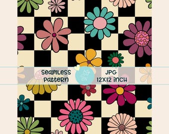 Patrón sin costuras de flores a cuadros retro, patrón repetitivo de flores de primavera, papel digital para invitaciones, estampado sin costuras moderno, estampado sin costuras original