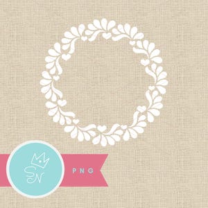 May include: A white floral wreath design with heart accents. The wreath is circular and features a delicate pattern of leaves and hearts. A pink banner with the text "PNG" and a blue circle with a crown and the letters "SN" is at the bottom.