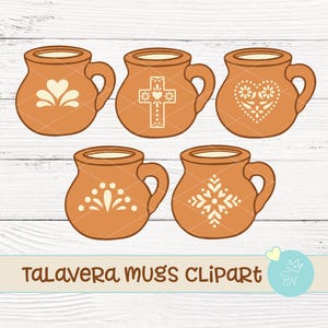 Può includere: Cinque tazze Talavera color terracotta con disegni decorativi bianchi. Ogni tazza ha un manico e un motivo diverso, tra cui cuori, croci e motivi floreali. Il testo "Talavera Mugs Clipart" è visualizzato sotto.
