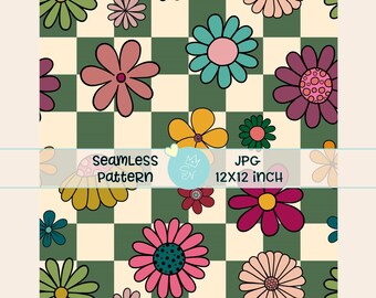 Patrón sin costuras de flores a cuadros retro, patrón repetitivo de flores de primavera, papel digital para invitaciones, estampado sin costuras moderno, estampado sin costuras original