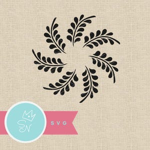 May include: Black floral design arranged in a circular pattern. The design features stylized leaves or branches radiating outwards. A light blue circle with a crown and the letters "SN" is on a pink banner with the letters "SVG".