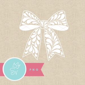 May include: A white decorative bow with intricate floral-like patterns. The bow is centered on a beige textured background. A pink banner with the text "PNG" and a blue circle with a crown and the letters "SN" is at the bottom.