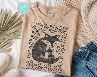 Linograbado vintage PNG, Linograbado floral de zorro, Linograbado de zorro silvestre, Arte digital de flores silvestres, Arte monótono, Linograbado de zorro cottagecore, Arte popular