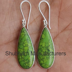 Green Turquoise Earrings, 925 Solid Silver Earrings, Handmade Dangle Earrings, Turquoise Silver Earrings, December Birthstone, Gift for Wife