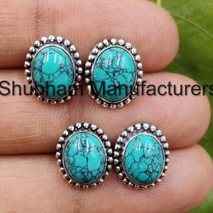 Genuine Turquoise 925 Sterling Silver Stud Earrings, December Birthstone, Turquoise Post Earrings for Women, Handmade Gemstone Studs for Her