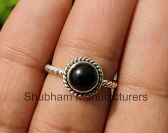 Black Onyx Ring: Stacking 925 Sterling Silver Twisted Rope Ring, Dainty Cabochon Gemstone Jewelry, Handmade Gift for Her
