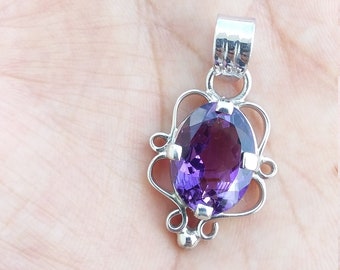 Natural Purple Amethyst Silver Pendant, 925 Sterling Silver Handmade Amethyst Pendant, Birthday's Jewelry Gift for wife