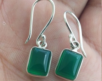 Octagon Shape Green Onyx 925 Sterling Silver Handmade Earrings, Gift for Her, Earrings for Girls