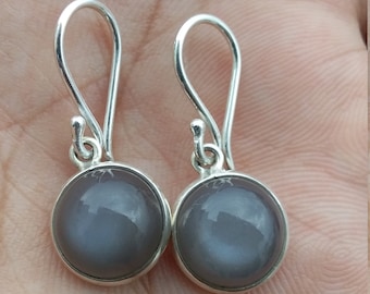Natural Round Shape Gray Moonstone 925 Sterling Silver Handmade Earrings, Gift for Her