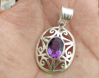 Purple Amethyst Handmade Pendentif, Pierre précieuse naturelle, 925 Sterling Silver, Oval Shape Amethyst Jewelry for women, Pendentif anniversaire