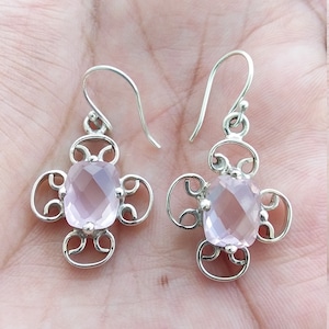 Natural Rose Quartz Earrings, Sterling Silver Quartz Handmade Earrings, Rose Quartz Handmade Jewelry,
