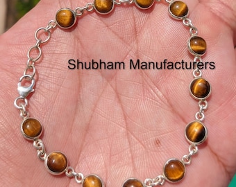 Natural Tiger's Eye Bracelet, Tiger Eye Jewelry, 925 Sterling Silver Bracelet, Gemstone Adjustable Bracelet, Round Shape Bracelet for Her