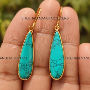 Handmade Genuine Turquoise Teardrop Earrings, 925 Sterling Silver Over 18k Gold Plated Dangle Jewelry Gift For Her