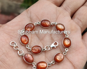 Natural Sunstone Bracelet, 925 Sterling Silver Bracelet, Handmade Bracelet for Her, Flashy Sunstone Jewelry, Orange Gemstone Bracelet