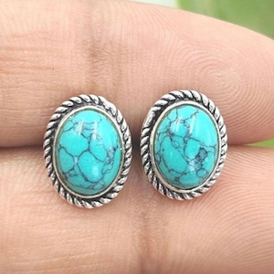 Turquoise Studs Earrings, 925 Sterling Silver Studs, Blue Turquoise Jewelry, Natural Stone Studs, Blue Gemstone Jewelry, Oval Shape Studs