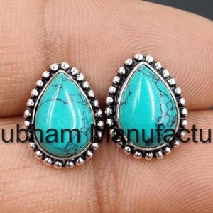 Turquoise Stud Earrings, 925 Sterling Silver, Blue Gemstone Studs, Handmade Boho Jewelry, December Birthstone, Gift for Her, Women Earrings