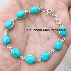 Natural Turquoise Bracelet, 925 Sterling Silver Bracelet, Blue Gemstone Jewelry, Dainty Women Bracelet, December Birthstone,Fashion Bracelet