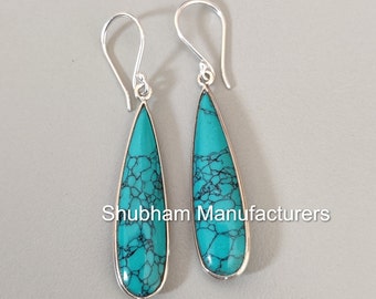 Genuine Turquoise Earrings, 925 Sterling Silver Earrings, Turquoise Silver Jewelry, Teardrop Gemstone Earrings, Wedding Jewelry for Women