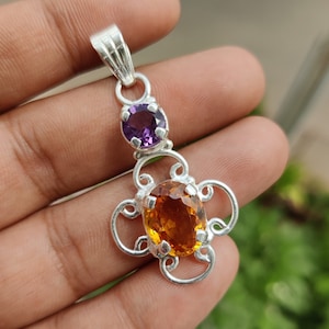 Natural Amethyst Citrine Pendant, 925 Sterling Silver Jewelry, Dual Stone Pendant, Unique Design, Teardrop, Handmade Gift for Her, Gemstone,