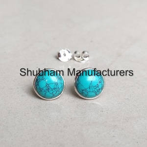 Turquoise Stud Earrings, 925 Sterling Silver Studs, Round Shape Earrings, Blue Gemstone Studs, Jewelry Gift for Women, Minimalist Style