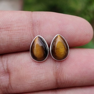 Natural Tigers Eye Stud Earrings, 925 Sterling Silver Studs, Tiny Studs for Girls & Women, Brown Stone Earrings, Small Post Earrings for Her