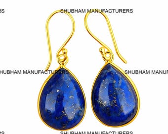 Natural Lapis Lazuli Teardrop Earrings, 925 Sterling Silver & 18k Gold Plated Handmade Dangle Earrings, Blue Gemstone Jewelry, Gift for Her