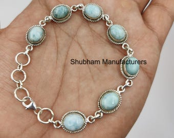 Natural Larimar Bracelet: 925 Sterling Silver Boho Jewelry