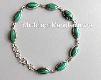 Malachite Bracelet, 925 Sterling Silver Bracelet, Marquise Shape Bracelet, Green Gemstone Jewelry, Handmade Adjustable Bracelet for Women