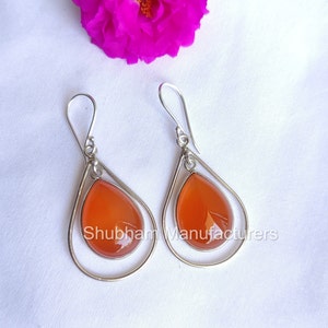 Natural Carnelian Earrings, 925 Sterling Silver Earrings, Anniversary Gift for Her, Teardrop Dangle Earrings, Orange Gemstone Jewelry